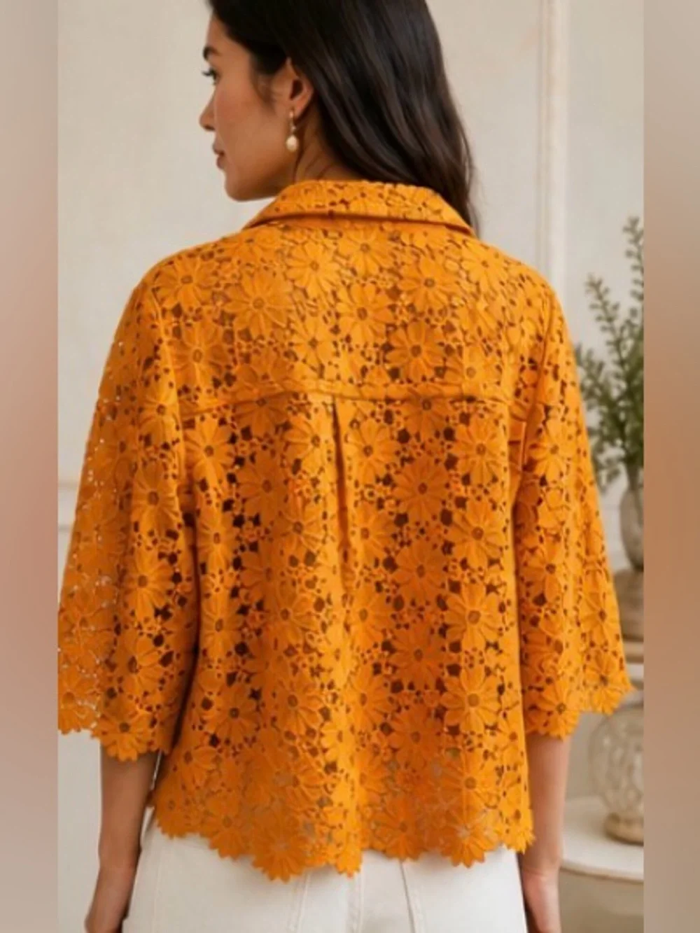 Anthropologie new Maeve Floral Lace Button down short sleeve shirt L boho resor
